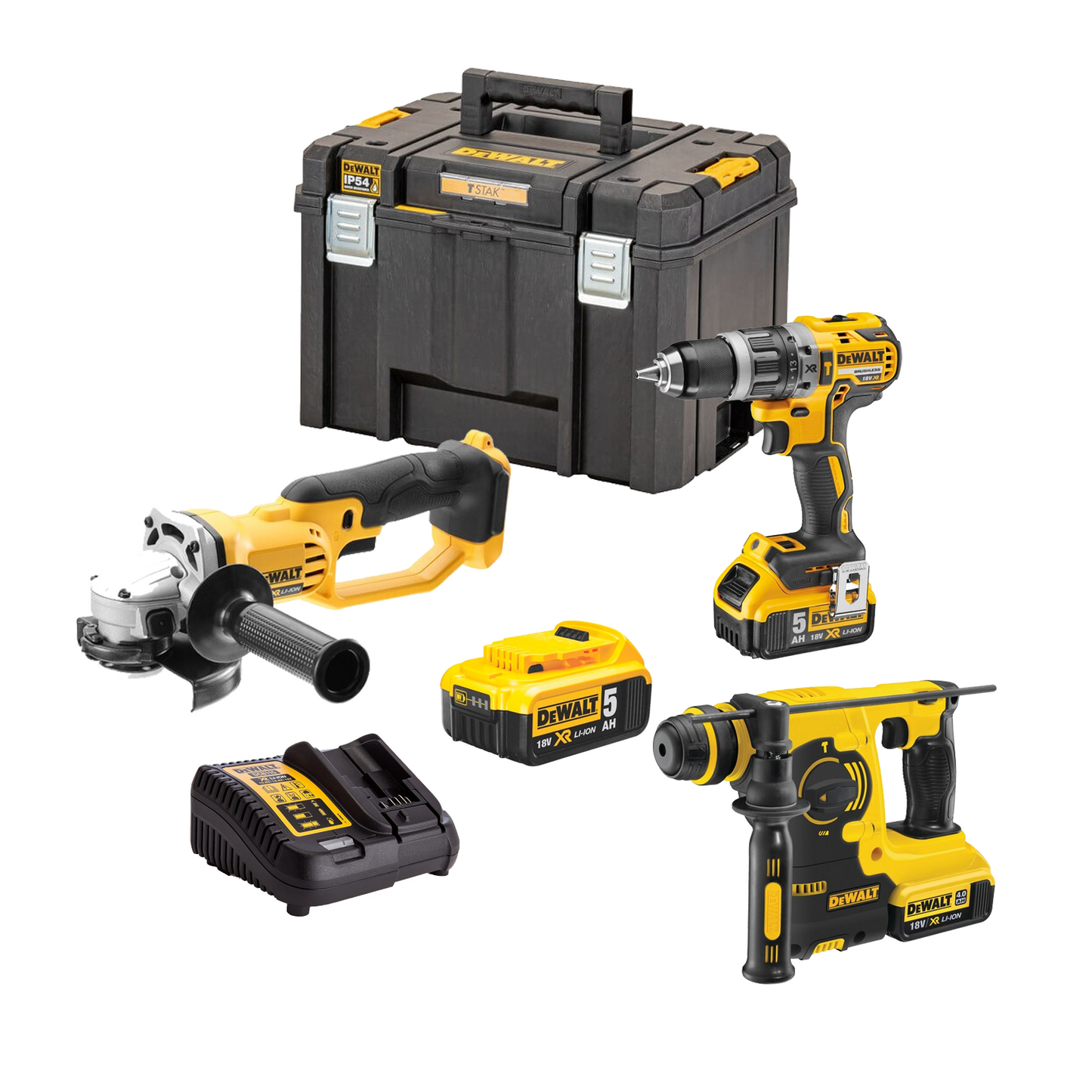 Power kit taladro percutor Dewalt CPROF265 con maletín, amoladora XR18V, martillo XR SDS plus y 3 baterias