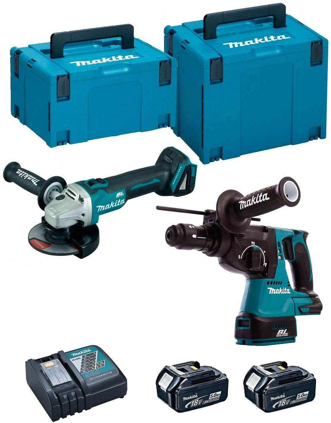 Kit combo Amoladora DGA504ZJ + Martillo ligero DHR243RTJ 18V con 2 baterías 5,0Ah y maletines DLX2125TJ1 Makita