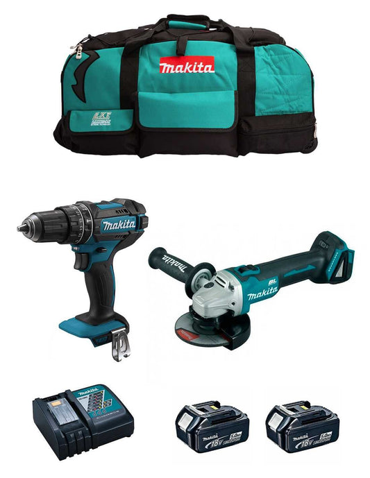 Kit Makita Taladro Percutor DHP482 + Mini-amoladora DGA504 + 2bat 5Ah + cargador + bolsa DLX2504BL2