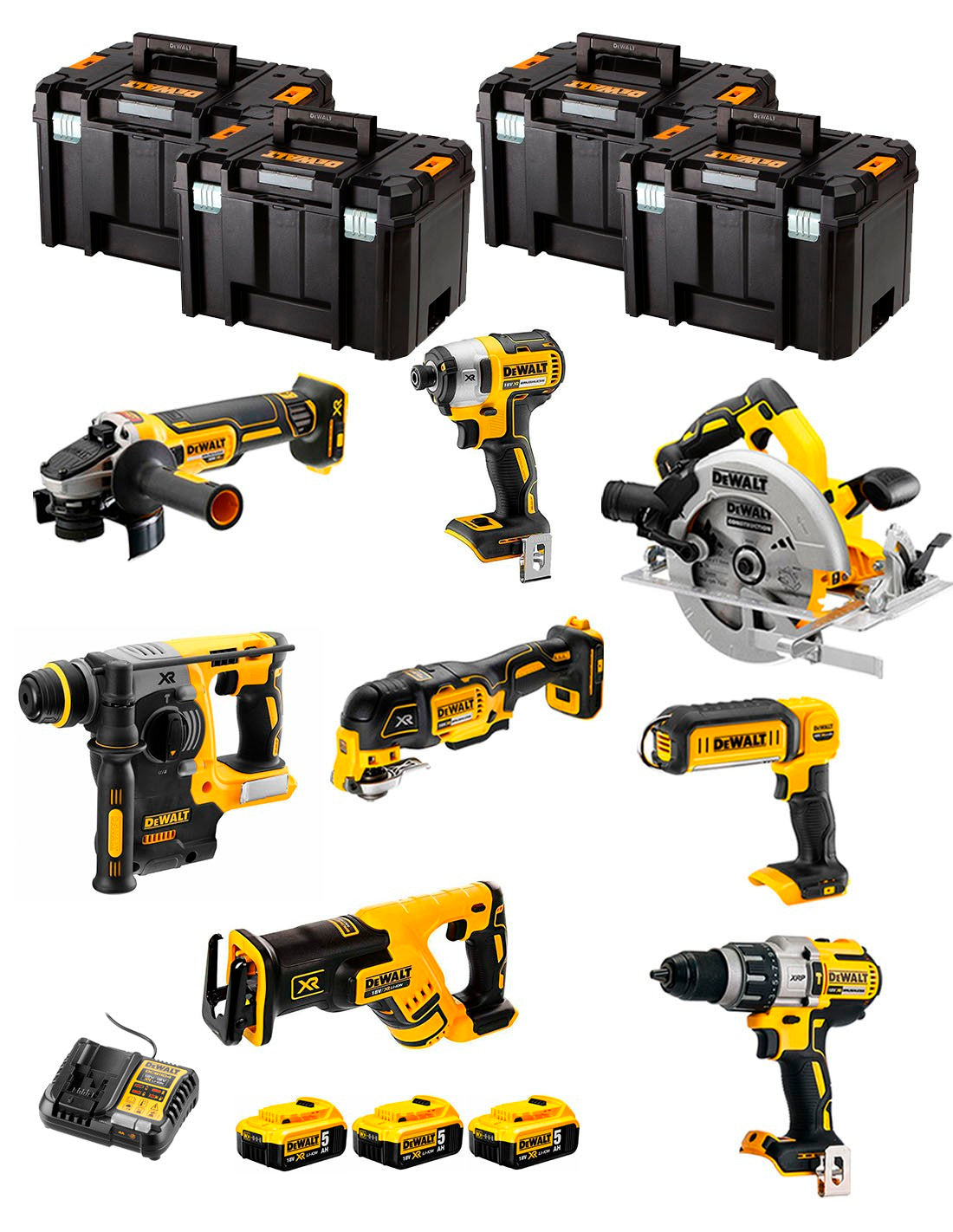 Kit Dewalt 8 herramientas + 3 bat 5ah + Cargador DCB1104 + 4xTstak VI DCK869P3