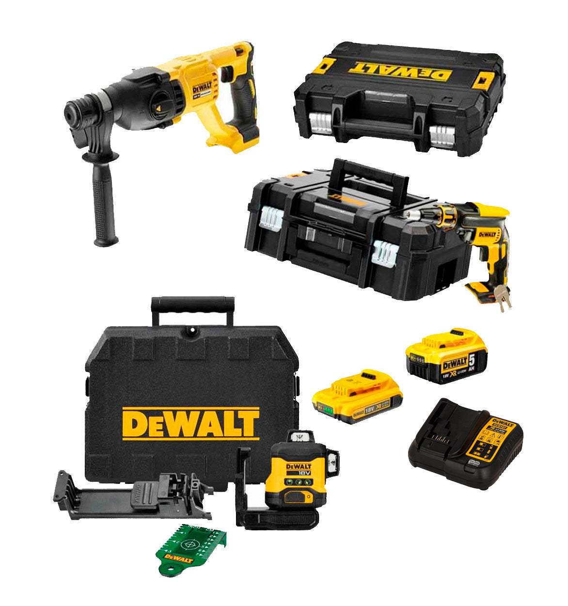 Mega Gypsum Panel Combo: DCF620 Screwdriver + DCH133 Hammer + DCLE34031N Level + 2 18V Dewalt Batteries