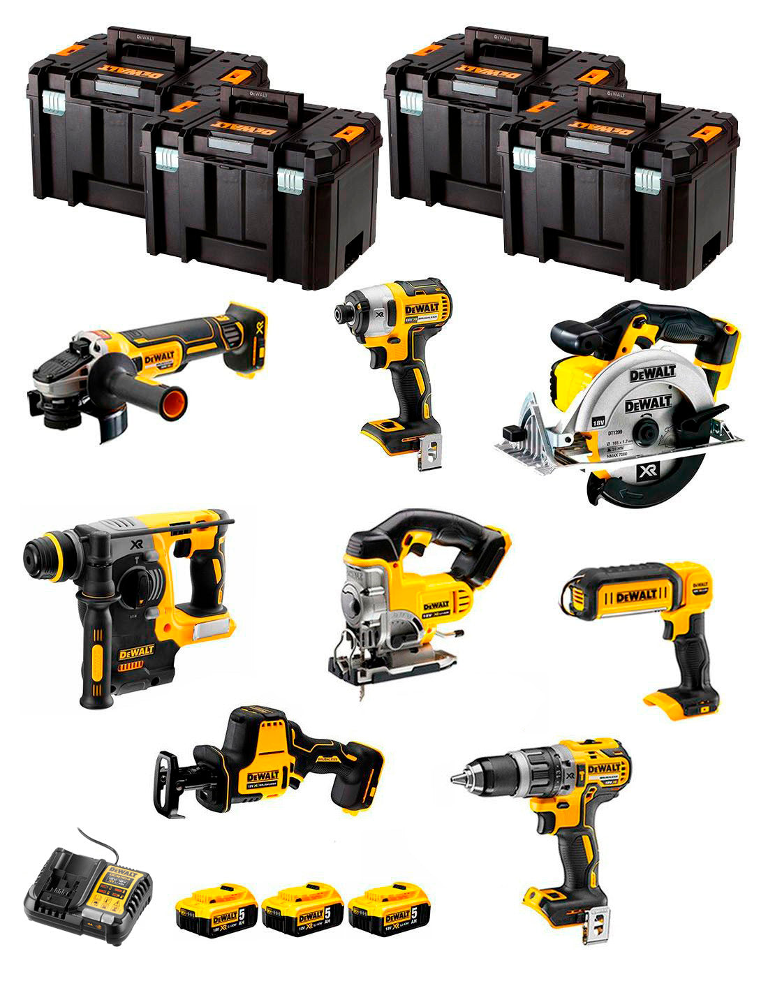 Kit Dewalt 8 herramientas + 3 bat 5ah + Cargador DCB1104 + 4xTstak VI DCK891P3