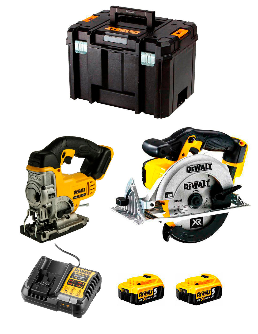 Kit Dewalt Sierra de Calar DCS331 + Sierra Circular DCS391 + 2bat 5Ah + Cargador + TSTAK VI DCK215P2