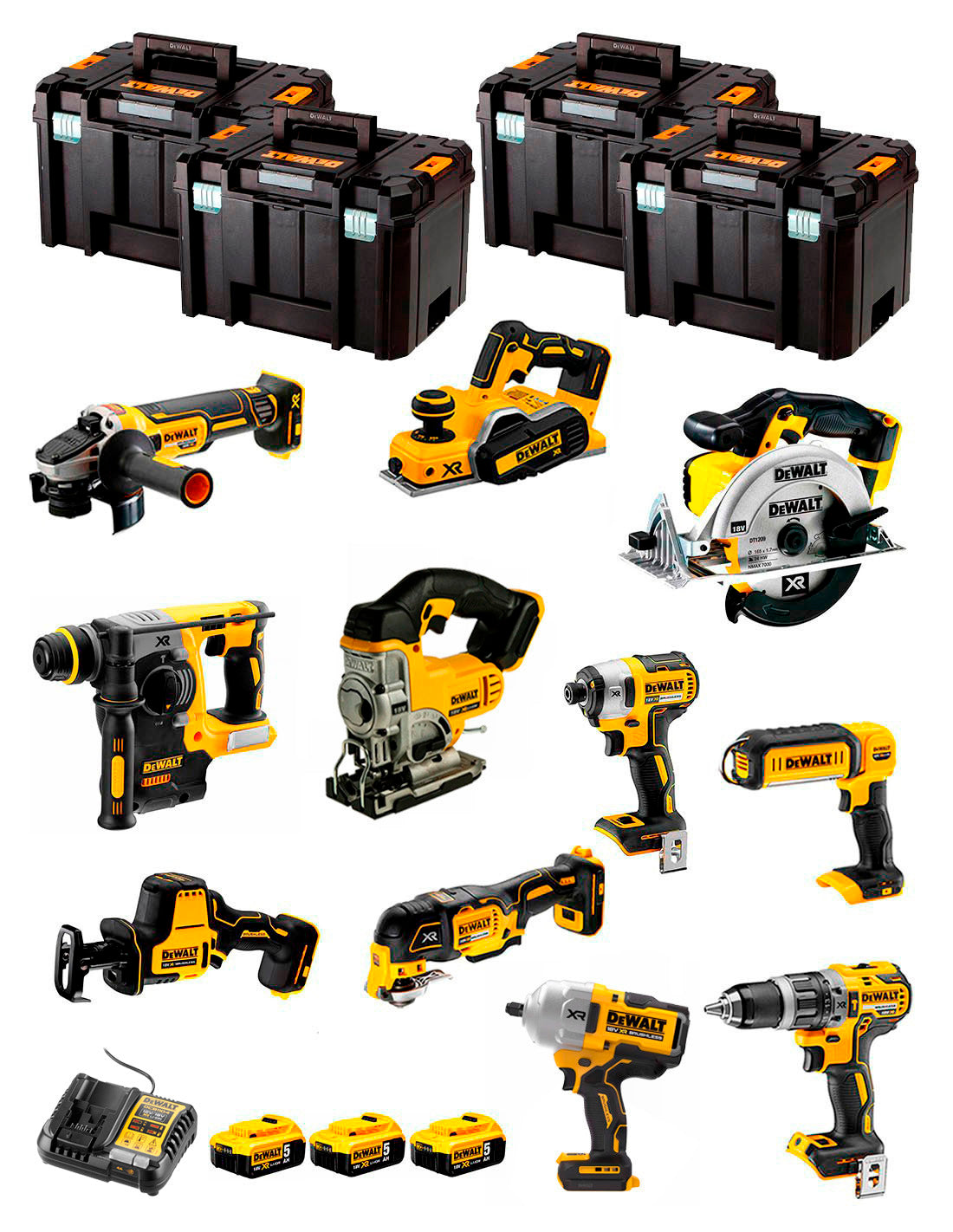 Kit Dewalt 11 herramientas + 3bat 5Ah + Cargador DCB1104 + 4xTSTAK DCK114P3