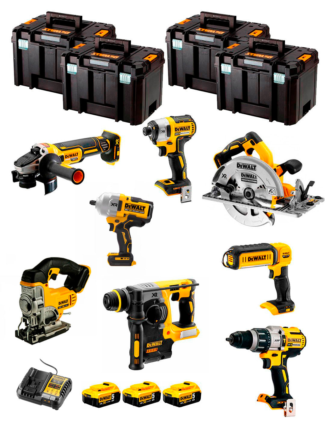 Kit Dewalt 8 herramientas + 3 bat 5ah + Cargador DCB1104 + 4xTstak VI Kit DCK834P3