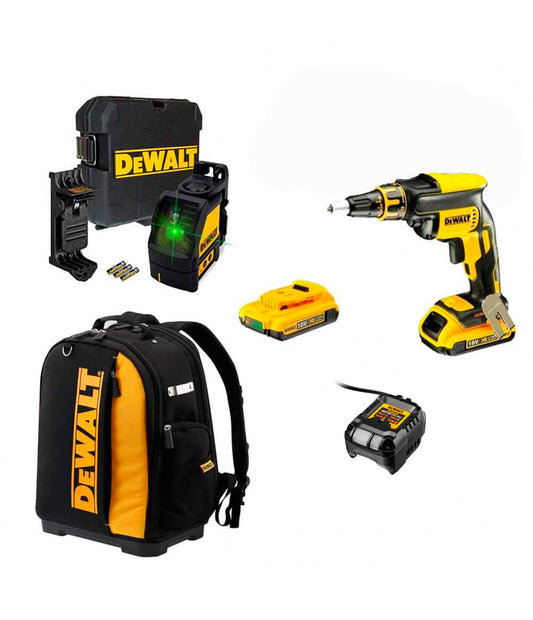 Combo Atornilladora Pladur DCF620 + 2 Bat 2Ah + Láser DW088CG + Mochila Dewalt CPROF593